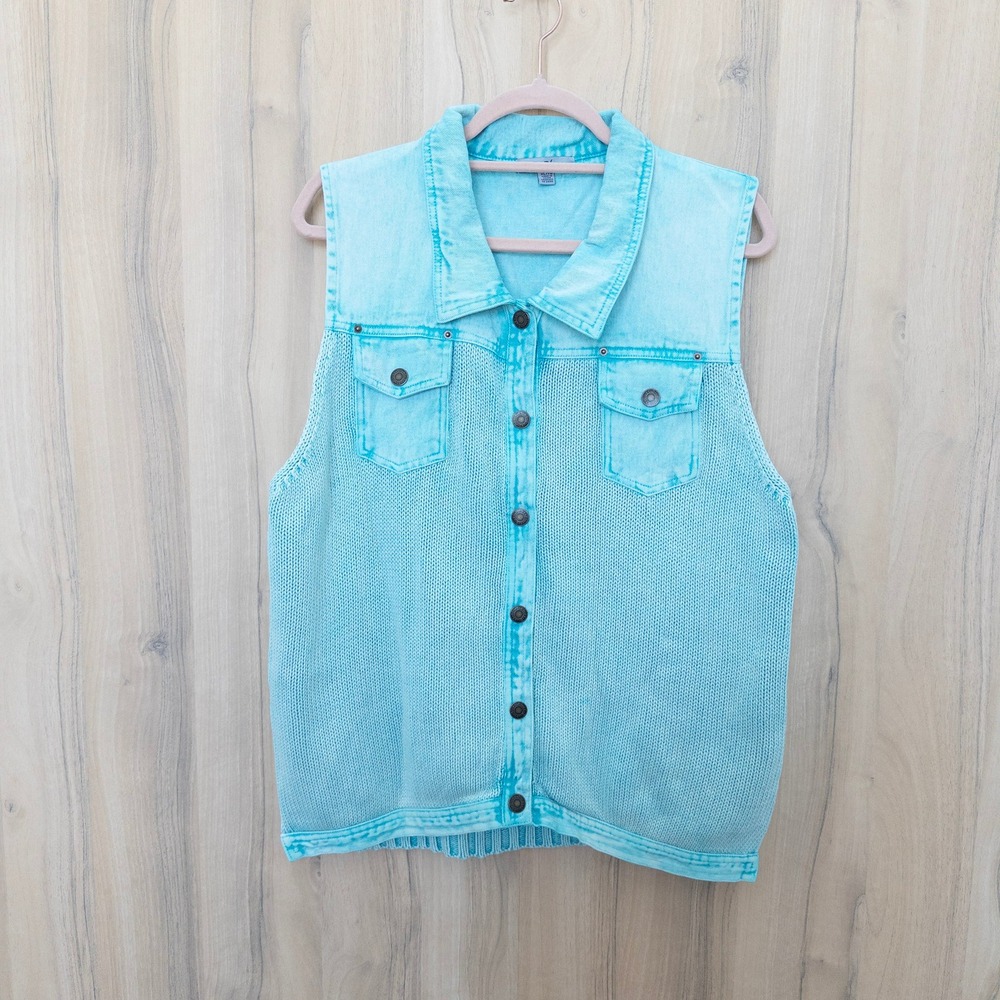 Vintage PBJ Blues Womens Denim Knit Vest XL Blue Acid Wash Coastal Western Boho